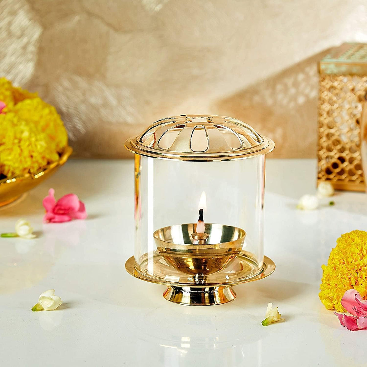 Klassic 4.5 Inch Swastik Akhand Diya with Borosilicate Glass Shade | Pure Brass Oil Lamp for Mandir, Daily Puja, Pooja Room, Diwali, Prayer, Wick Holder Festive