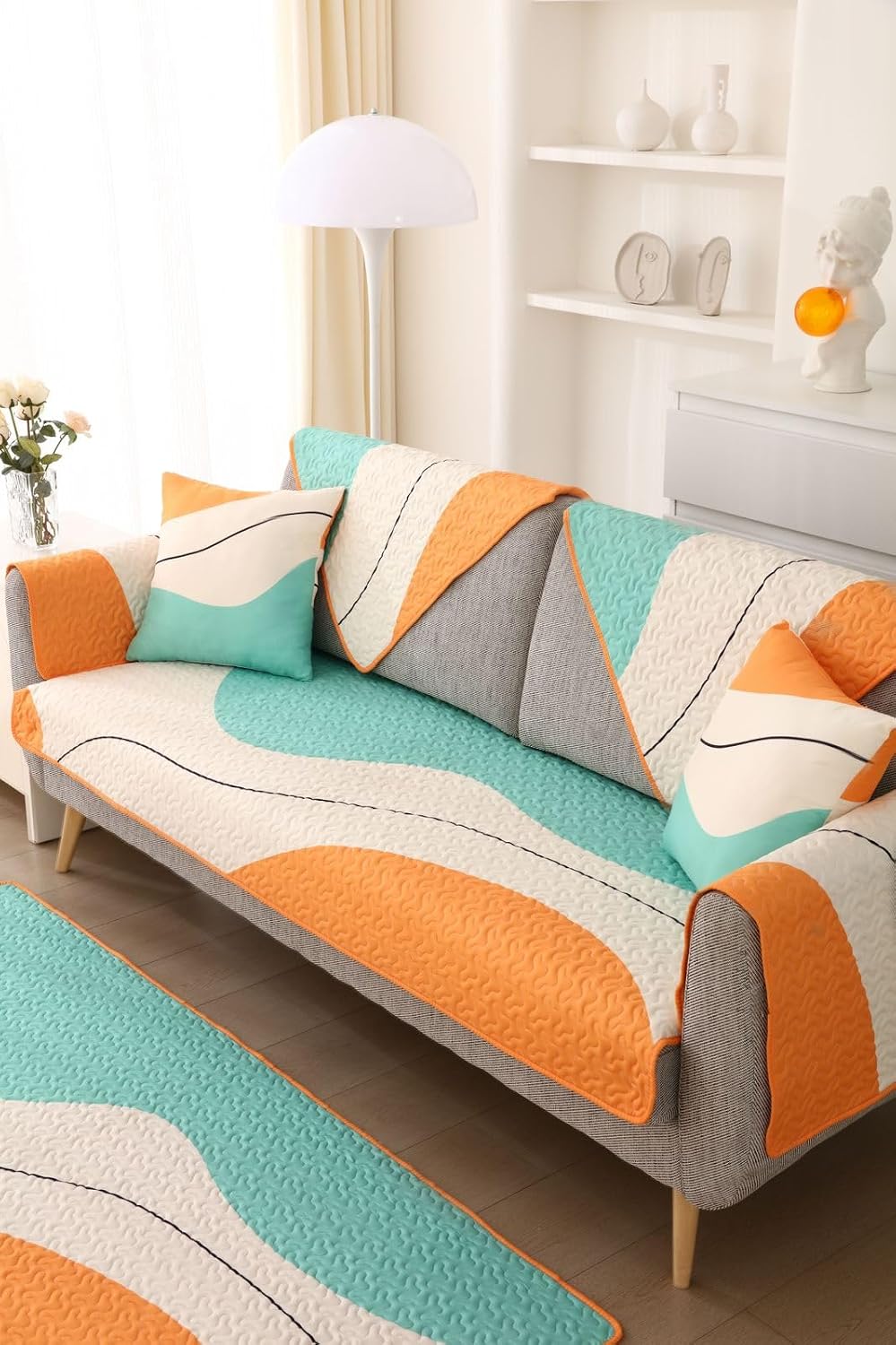 HOMETHREADS European Premium Style Anti Slip 1 Seater Sofa Cover Set | Cotton Sofa Slipcover Set of 4pcs | 1Pc Front + 1Pc Back Cover (70x70cm) + 2Pc Armrest (7