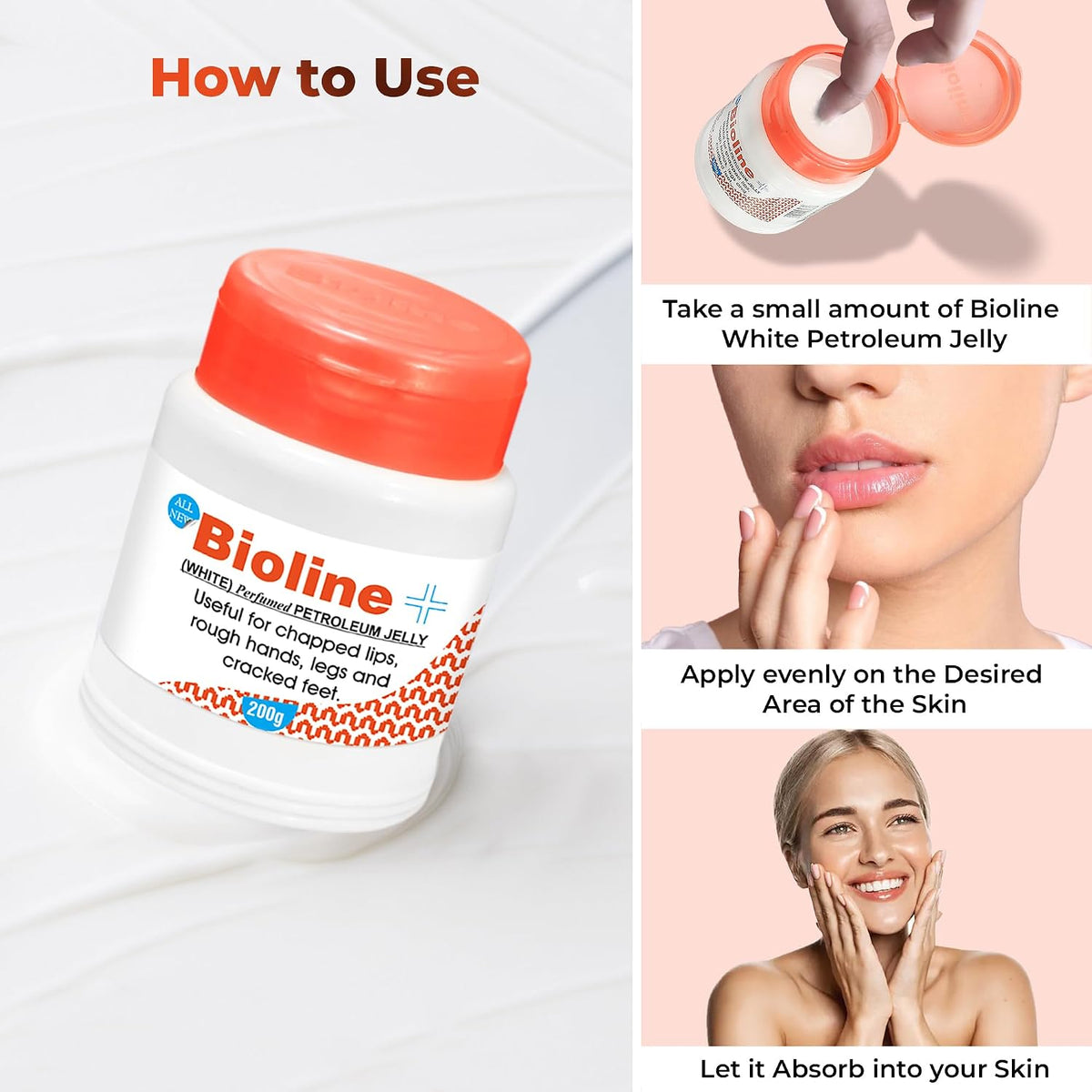 Bioline White Perfumed Petroleum Jelly for Chapped Lips, Rough Hands, Legs & Cracked Feet | Moisturizing & Soothing Cream for Dry Skin | 200 g Pack 200 g (Pack