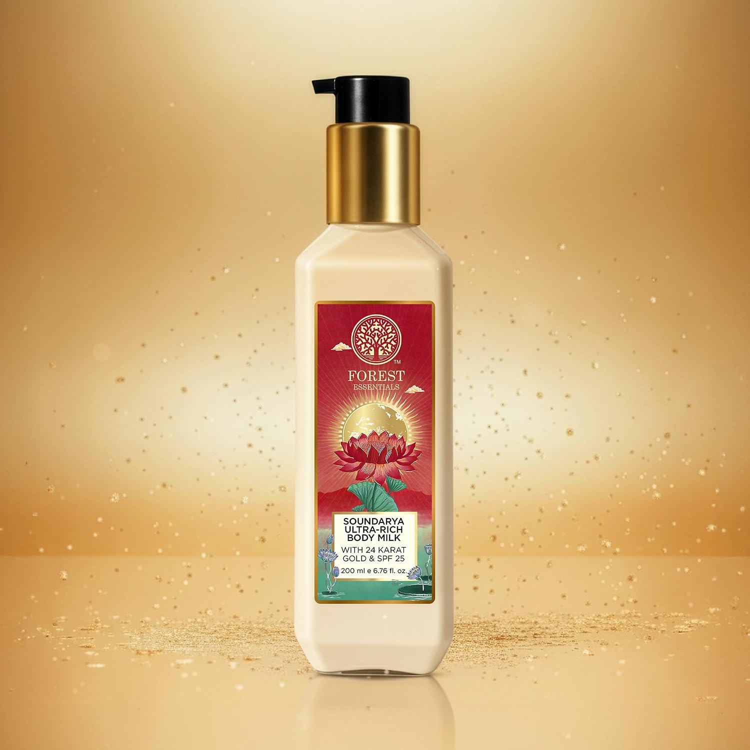 Forest Essentials Ultra Rich Body Milk Soundarya With 24K Gold & SPF25 | Ayurvedic Body Lotion with SPF | Tan Removal Natural Body Moisturizer, UVA & UVB Protection, Paraben Free | 200 ml