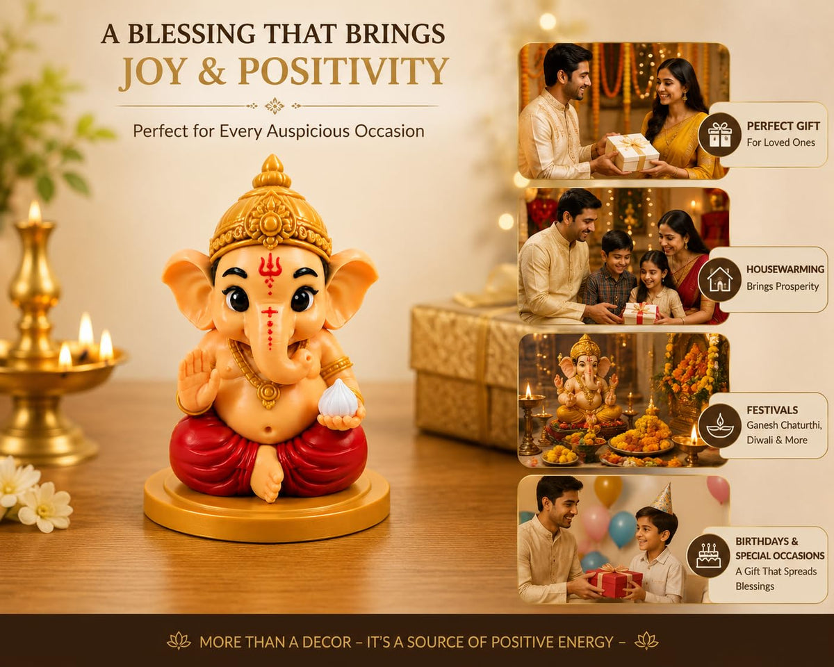 VASPAR Cute Baby Ganesha Idol for Car Dashboard | Premium Lord Ganesh Murti | Mini Ganpati Statue for Home Decor, Office Desk & Pooja Room | Spiritual Gift | Re