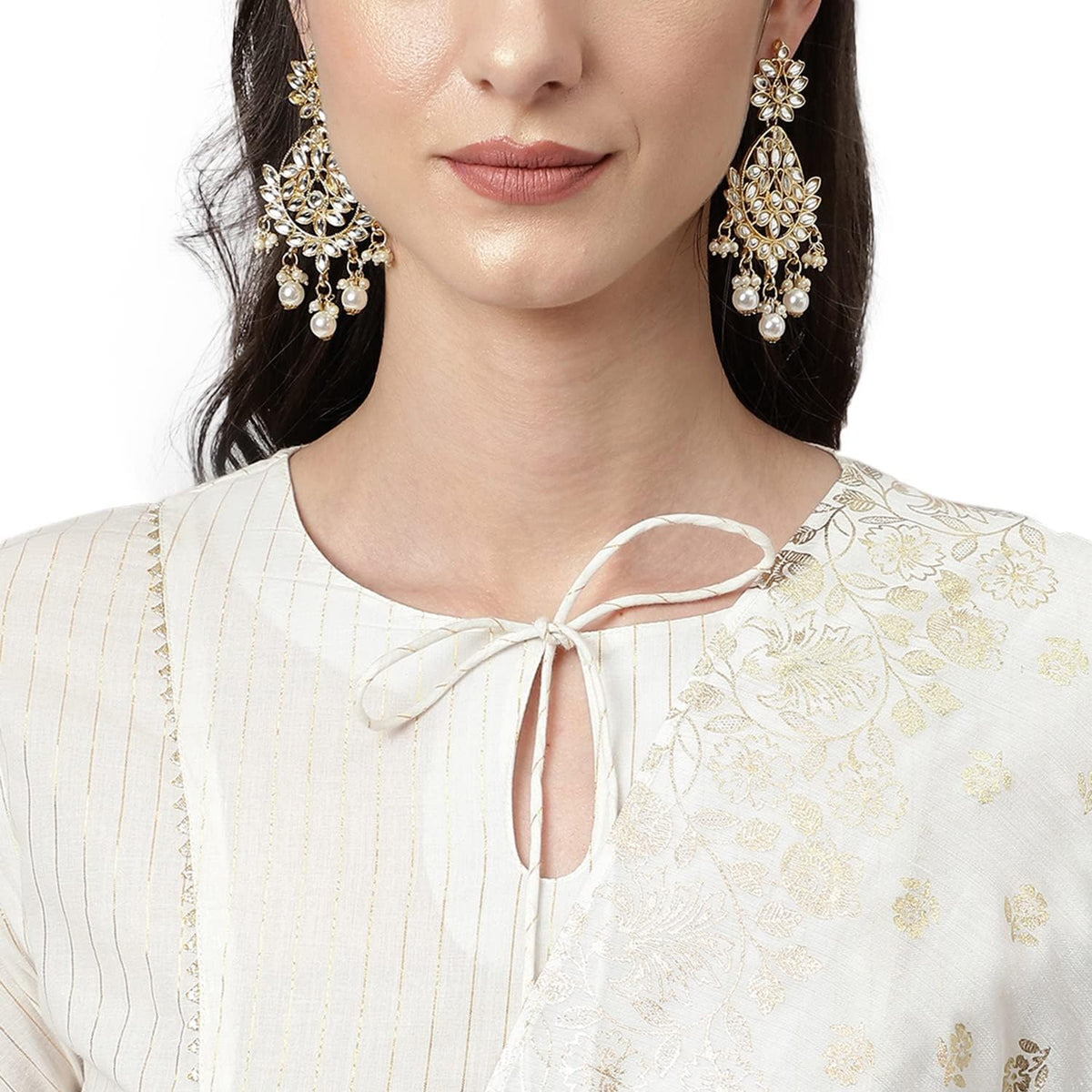 FIORRA Women's Off White Pure Cotton Flared Kurta with Palazzo and Dupatta Small Off-white