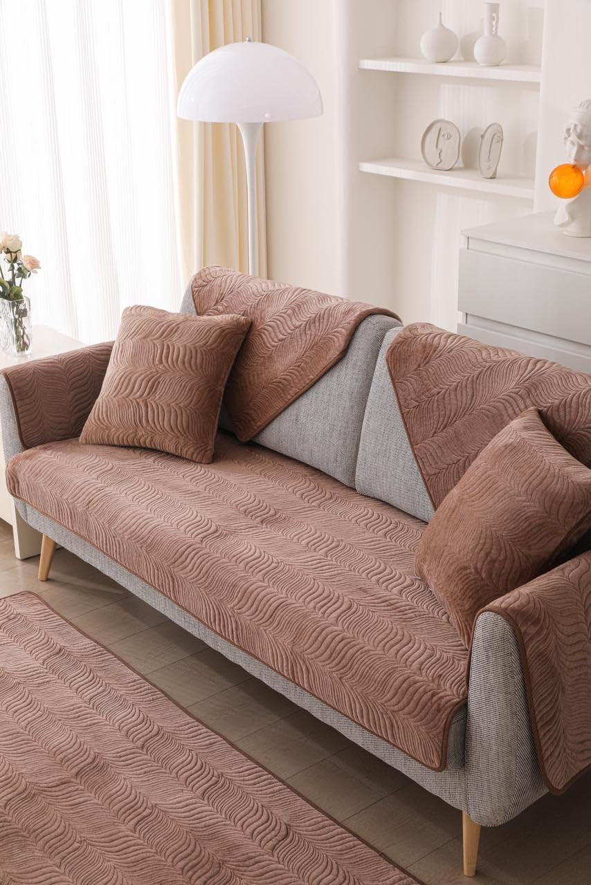 HOMETHREADS European Premium Style Anti Slip 2 Seater Sofa Cover Set | Velvet Sofa Slipcover Set of 5pc |1Pc Front (70x140cm) + 2Pc Back Cover (70x70cm) + 2Pc A