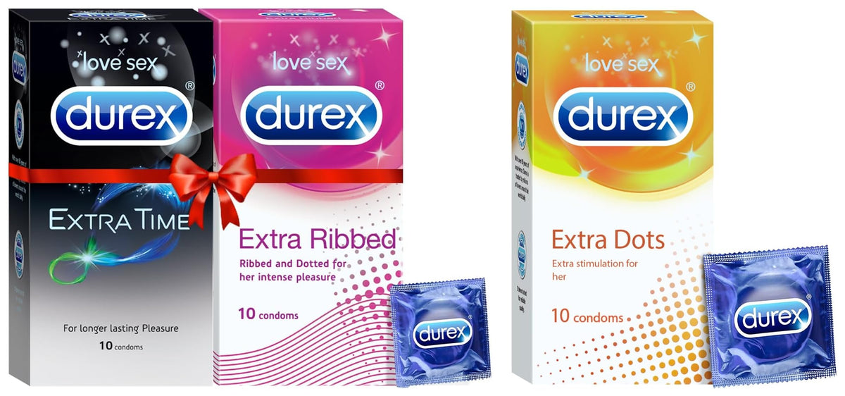 Durex Multi-Pack Condoms For Men (Extra Ribbed, Extra Time) - 10 Count (Pack Of 2)|Ribbed And Dotted For Extra Stimulation & Extra Dotted Condoms For Men - 10 C