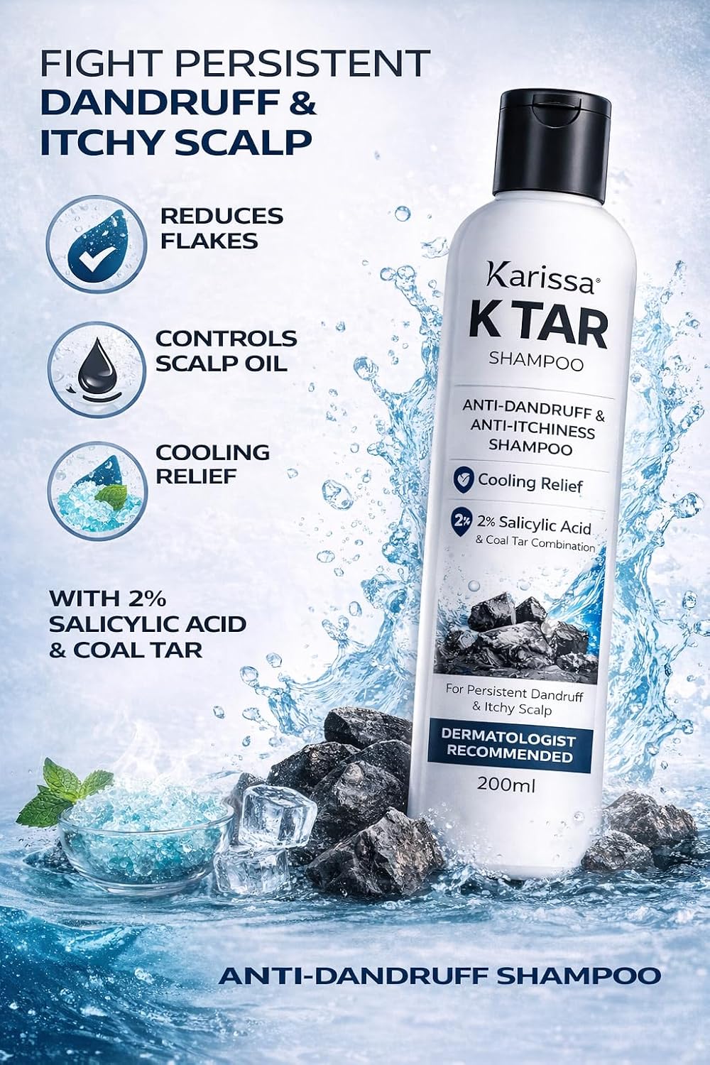 Karissa K TAR Anti Dandruff Shampoo with 2% Salicylic Acid & Coal Tar | Reduces Dandruff, Itchy Scalp & Flakes | Deep Scalp Cleansing & Oil Control | Cooling Re