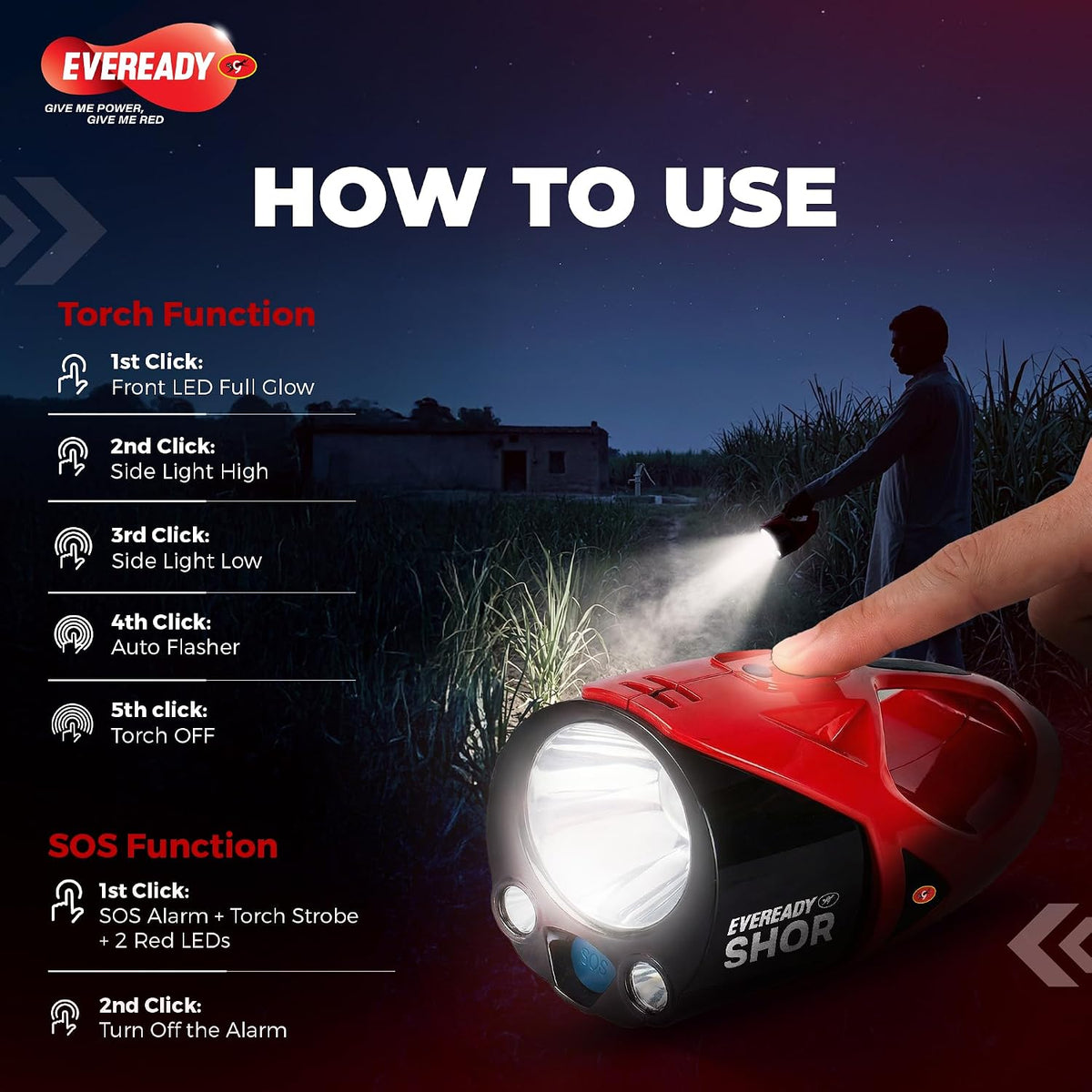 EVEREADY Shor DL190, Commander Torch, 5W Front Light & 3W Sidelight, Rechargeable, USB Type-C Fast Charging, Light Strobe, 100 dBA Animal Alarm, Powered by Li-i