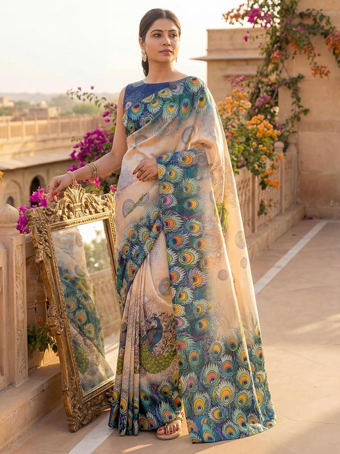 Women's Banglori Silk Printed Ready To Wear One Minute Saree with Unstitched Blouse Piece
