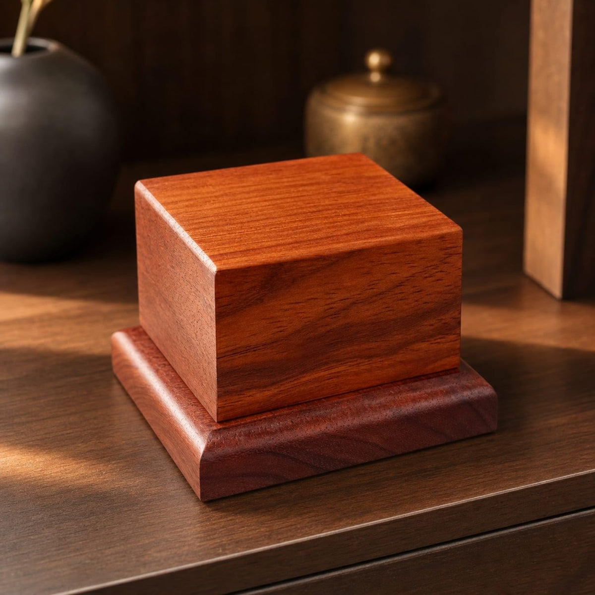 Polished Square Wooden Display Pedestal Versatile Small Wood Display Block with Stepped Base Compact Red Pear Wood Figurine Stand Low-Profile for Collectors, Te