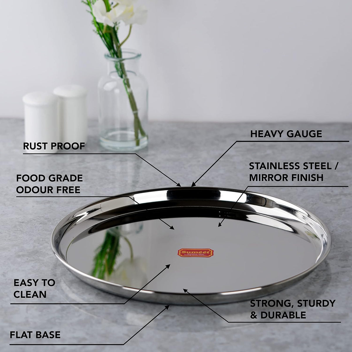 Sumeet Stainless-Steel Heavy Gauge Dinner Plates with Mirror Finish-32.3cm Dia, Set of 6pc, Silver 32.3cm 6 Pcs - Silver