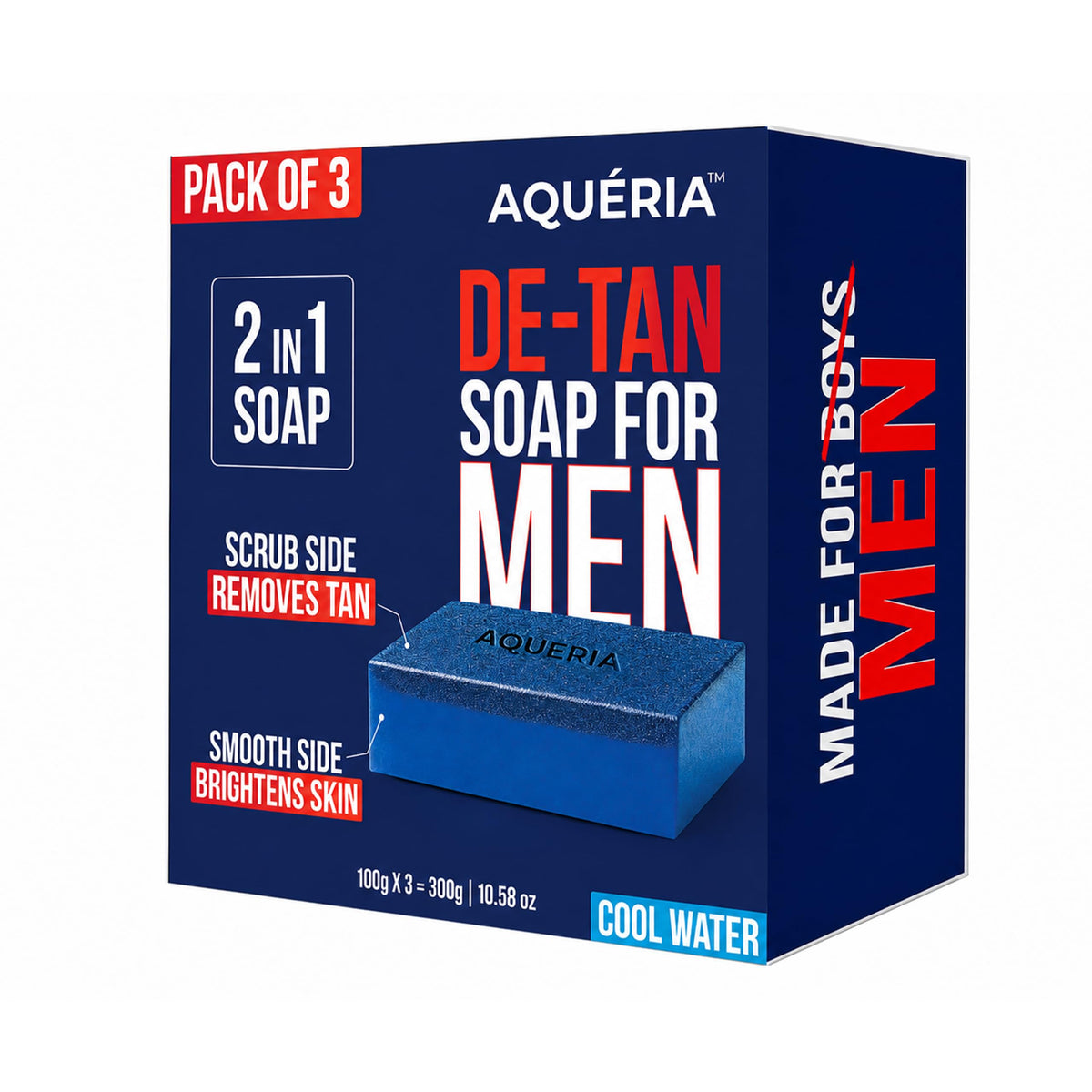 Aqueria De-Tan & Brightening 2-in-1 Bath Soap for Men | Cool water perfume | Tan Removal, Skin Brightening & Gentle Exfoliation | Dual-Sided Scrub & Smooth Soap
