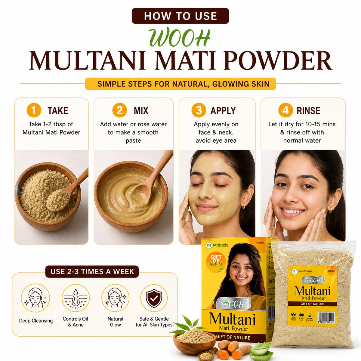 Wooh Multani Mitti Powder 100g for Face Pack, Skin Cleansing & Oil Control | Natural Fuller’s Earth for Glowing Skin & Hair Care