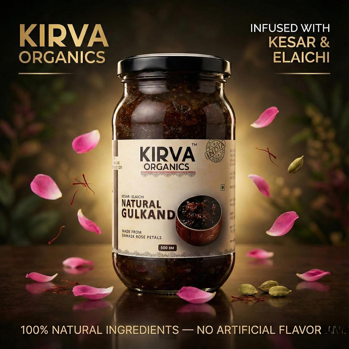 Kirva Organics Natural Gulkand 500g | Sun-Cooked Damask Rose Petals & Rock Sugar | Infused with Kesar & Elaichi | Ayurvedic Digestive & Natural Body Coolant | N