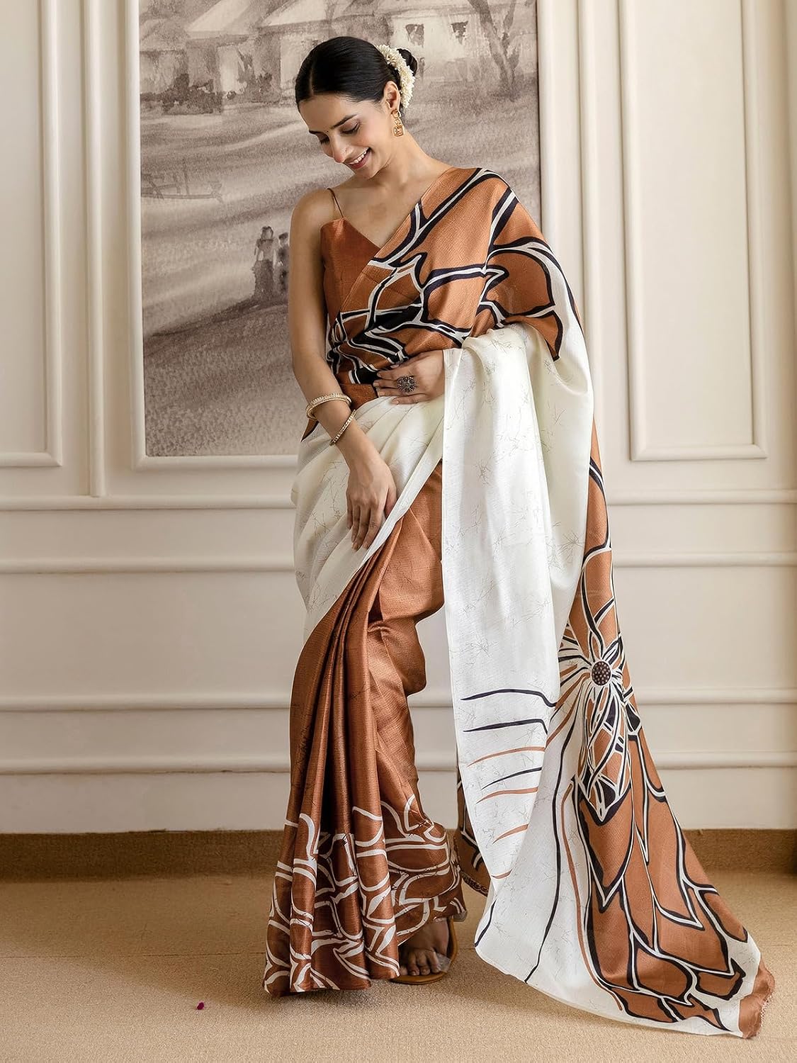 Samah Women'S Khadi Printed Saree With Unstitched Blouse Piece Brown & Off White