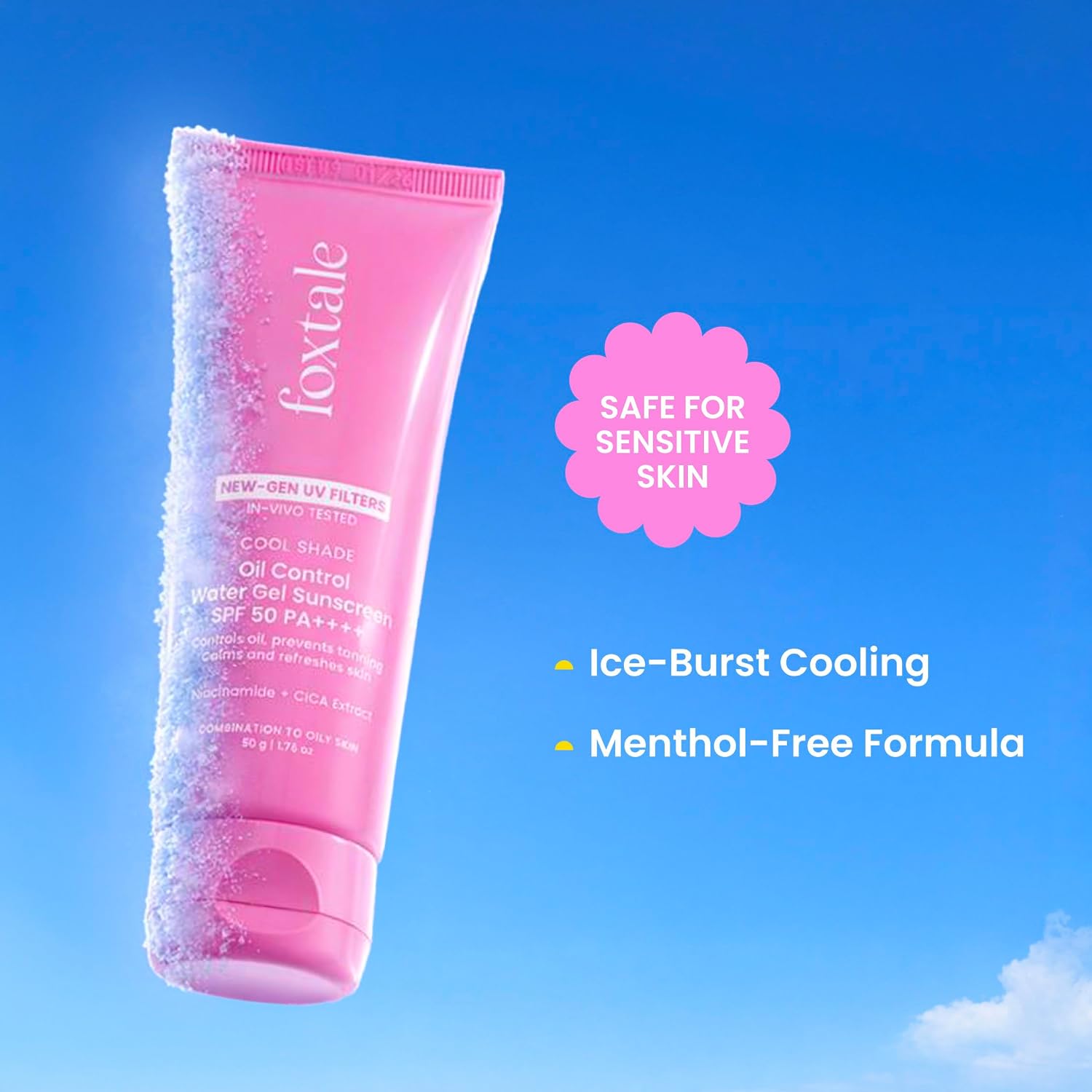 Foxtale Ice-Burst Gel Sunscreen SPF 50 PA++++ for Oily Skin, In-Vivo Tested & 100% New-Gen UV Filters | Prevents Tan, Controls oil, & Mattefies | Lightweight, Non-Greasy, No White Cast | For Men & Women | 50ml