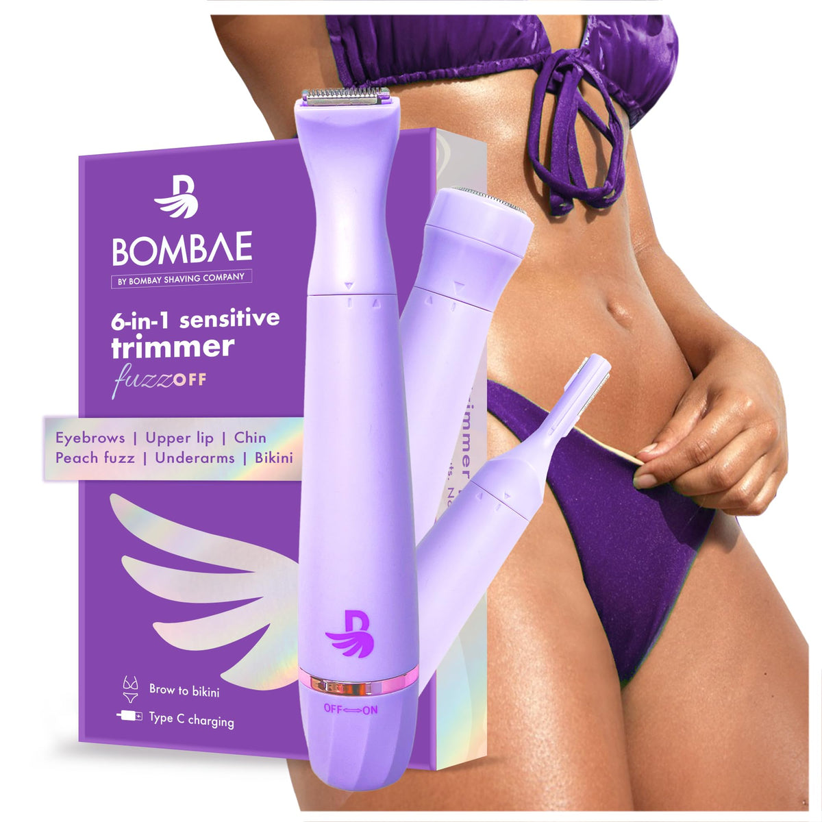 Bombae 6-in-1 Sensitive Trimmer for Women | Facial Hair Removal Machine | Bikini Trimmer for Woman | Private Part | Face, Eyebrow & Underarm | 90 Min Runtime, C