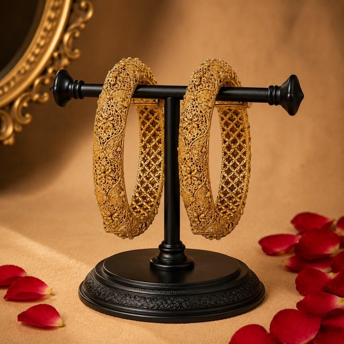 Accessher Set Of 2 Gold Plated Traditional Rajwadi Jewellery Inspired Ethnic Filigree Style Screw Closure Bangles/Festive Bangles For Women ideal Gift For Karwa