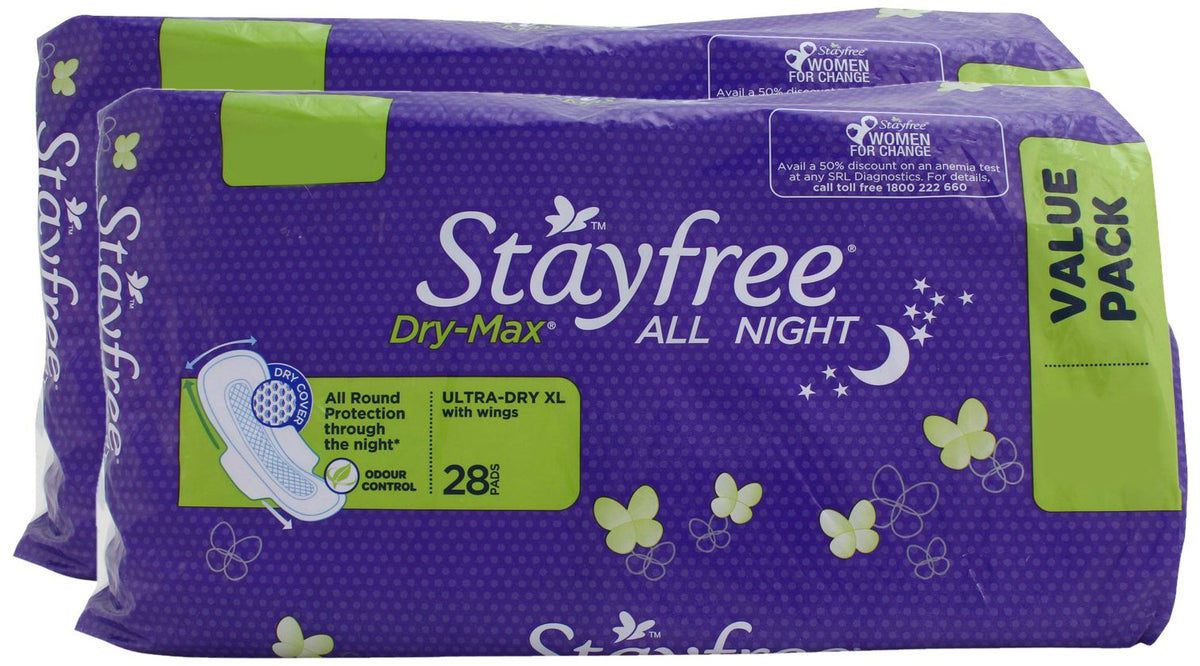 Big Bazaar Combo - Stayfree Sanitary Napkins - All Night Dry Max (XL with Wings), 28N (Buy 1 Get 1, 2 Pieces) Promo Pack 28 Count (Pack of 2)
