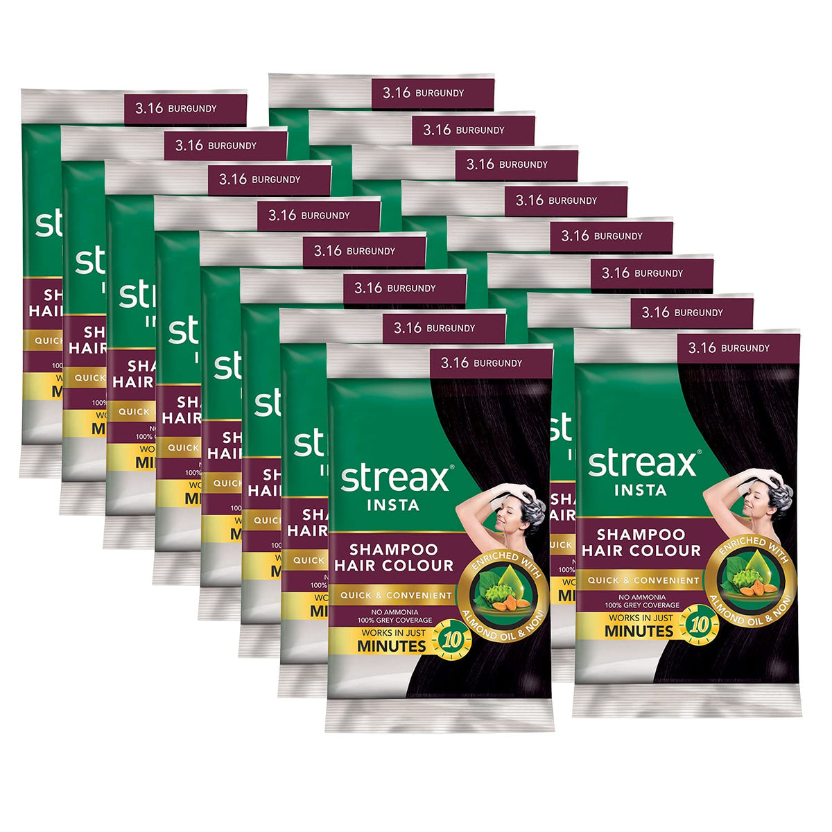 Streax Insta Shampoo Hair Colour For Men's & Women's, Burgundy, 18Ml (Pack Of 16) | Enriched With Almond Oil & Noni Extracts | Long-Lasting Instant Colour Burgu