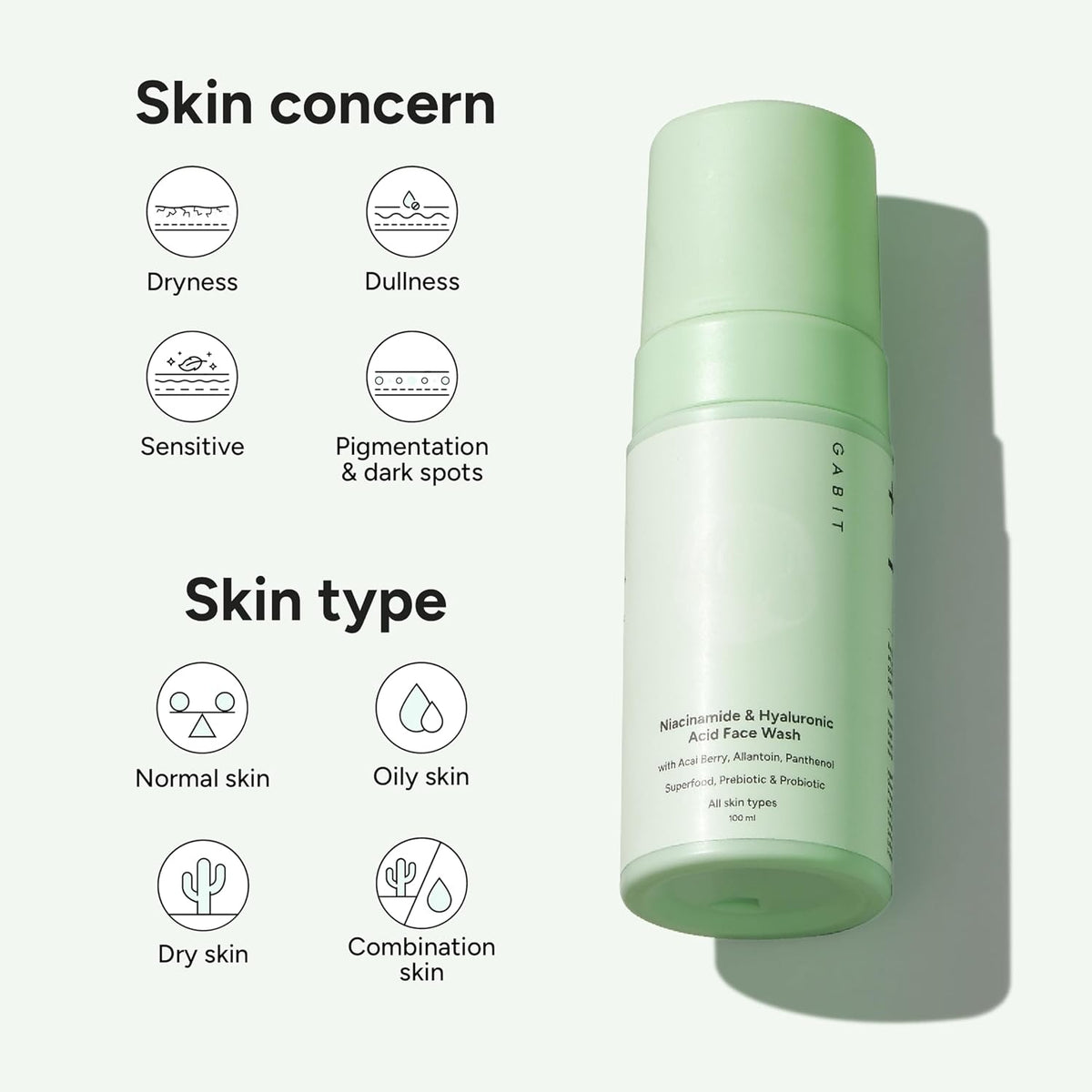 Gabit Niacinamide & Hyaluronic Acid Foaming Face Wash | Gently Cleanses, Non-drying, Soothes | Vitamin B5, Acai Berry | Dry, Normal, Sensitive Skin Types | For