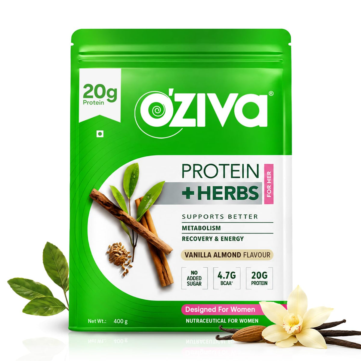 OZiva Protein & Herbs for Women, No Added Sugar, Vanilla Almond, 400g Vanilla Almond 400 g (Pack of 1)