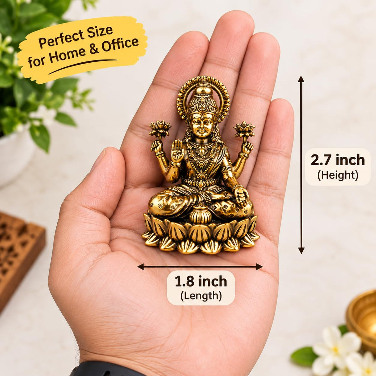 Brass Lakshmi Devi Idol — Sitting Kubera Lakshmi Statue on Lotus with Money Pot, Antique Finish Mahalaxmi Murti for Diwali Pooja & Home Temple, 2.7 Inch