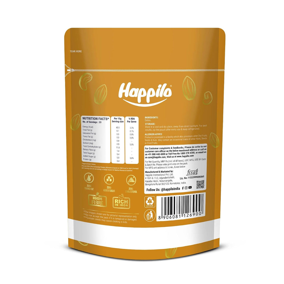 Happilo Premium Arabian Dates Pouch 500 g| Healthy snacks, Dry fruits, Khajoor, Khajur| Rich in Fibre | Naturally Fat-Free | Good for Gut Health | No Added Suga