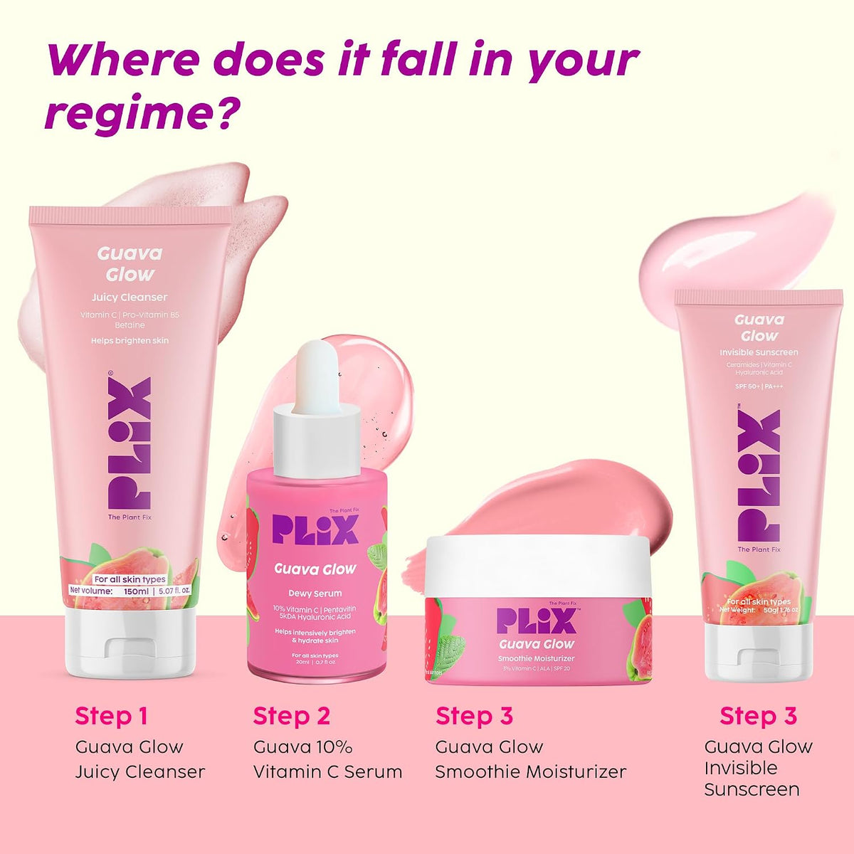 Plix Guava Glow Juicy Cleanser | With Vitamin C & Guava Extract | Hydrates & Brightens Skin | Gently Cleanses | All Skin Types | Dermatologically Tested | 150ml