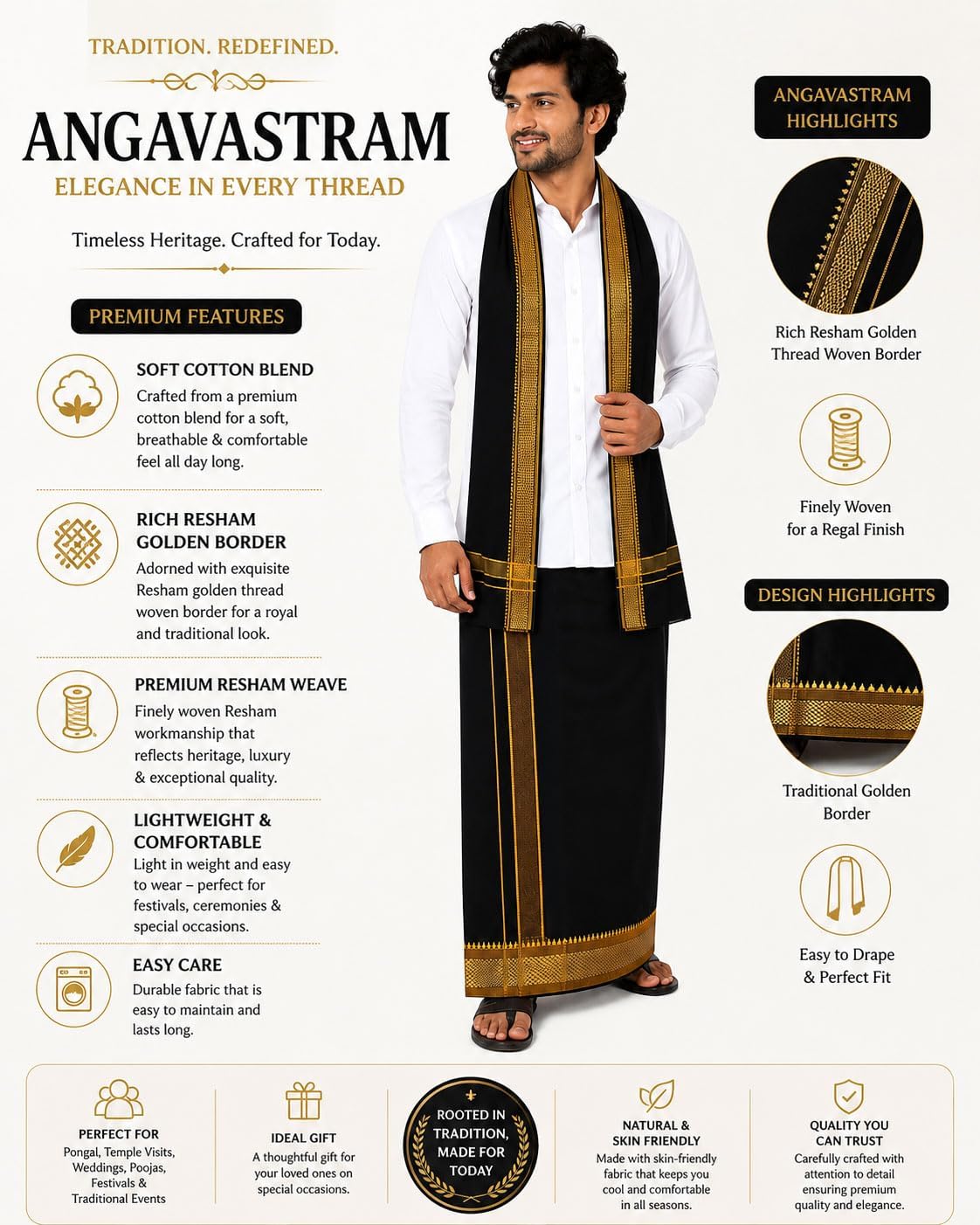 Color Cotton Dhotis Lungi Sarong 2.0 Meters Single Layer Dhoti Pack of 2 (Black)