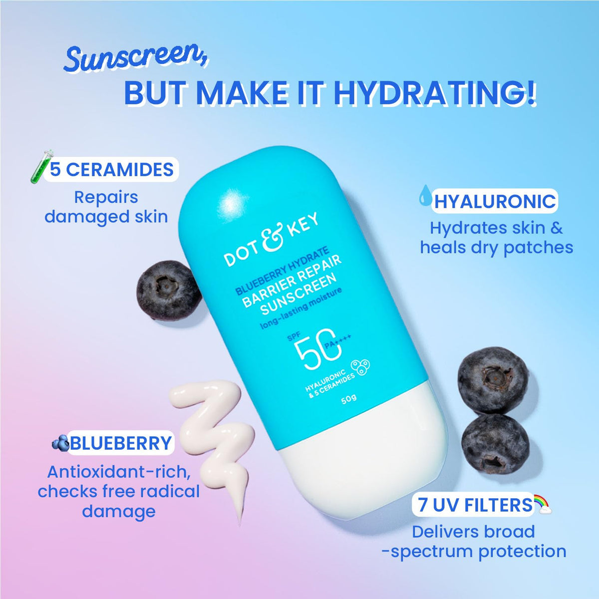 Dot & Key Skincare Ceramides & Hyaluronic Barrier Repair Moisturizer 100gm |Dot & Key Blueberry Hydrate Barrier Repair Sunscreen SPF 50+ PA++++ 50g