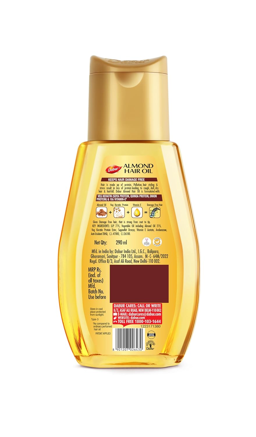 Dabur Almond Hair Oil - 870ml (290ml x 3) | Provides Damage Protection | Non Sticky Formula | For Soft & Shiny Hair | With Almonds, Keratin Protein, Soya Protein & 10X Vitamin E