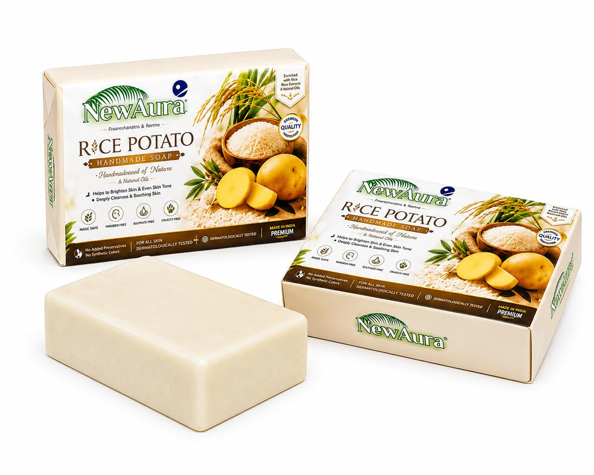 Ghar Ka Magic with NewAura Rice Potato Handmade Soap, Pack of 3, 100g Each Ghar Ka Magic Soap With NewAura Ghar Ka Magic With NewAura Soap Rice Potato 200 x 2I