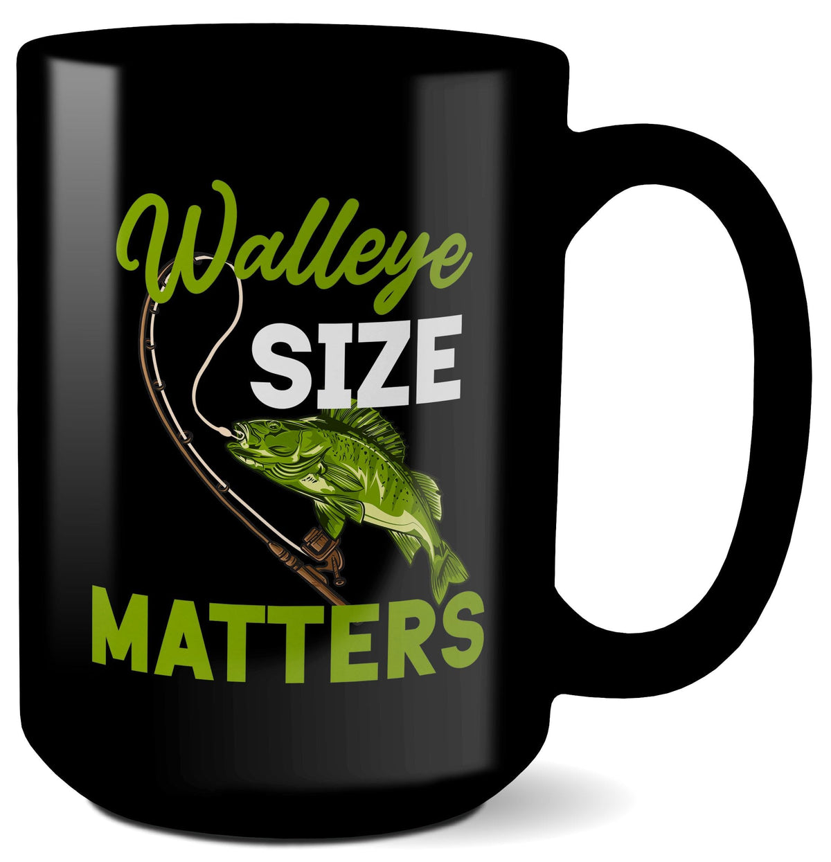 APSRA Size Matters Mug (Black) - Funny Fishing Gift Walleye Yellow Pike Fish Mens Coffee Cup Dad Grandpa Father Uncle Birthday Christmas Fly Game Sport Fisherma