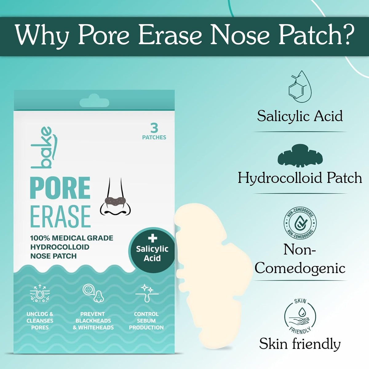 BAKE 2% Salicylic Acid Nose Strips for Blackheads Removal, Whiteheads & Pore Cleansing | Hydrocolloid Nose Patches for Clogged Pores, Deep Cleansing, Controlled