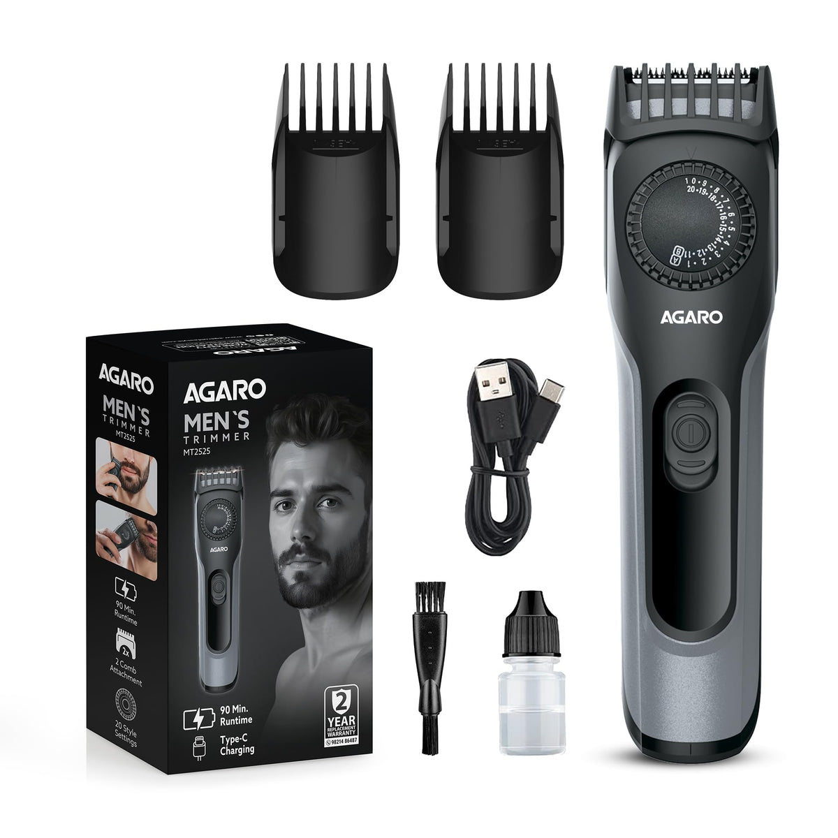 AGARO Beard Trimmer, Cordless Electric Beard Trimmer with Precision Dial, USB Rechargeable, 20 Length Settings Mustache Trimmer for Mens Gifts MT2525 Black & Gr