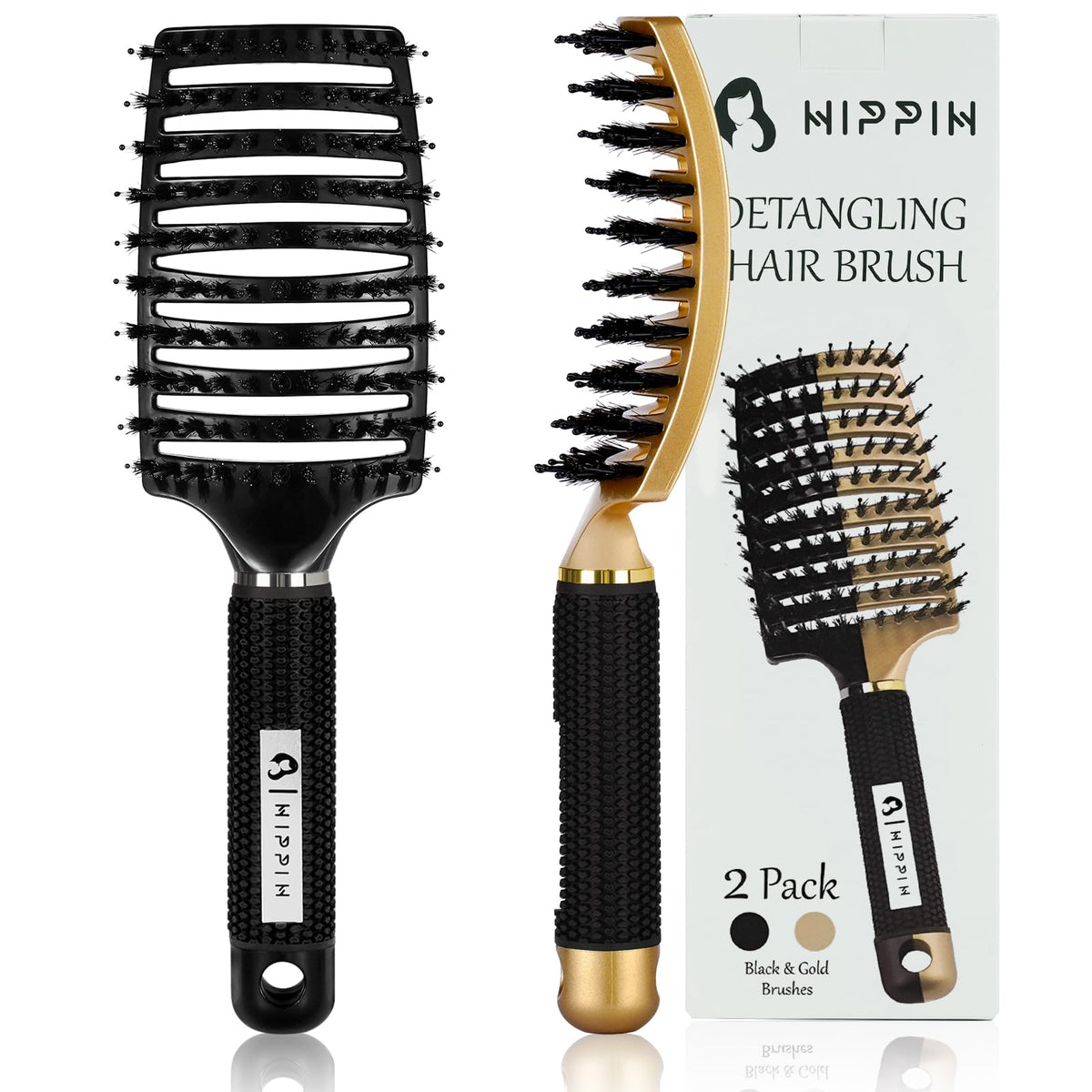 Boar Hair Brushes 2 Pack, Suitable for Men, Women & Kidsââ‚¬â„¢ Long Curly Wet or Dry Hair, HIPPIH Hairbrush for Thick Hair Can Adds Shine and Makes Hair Smooth
