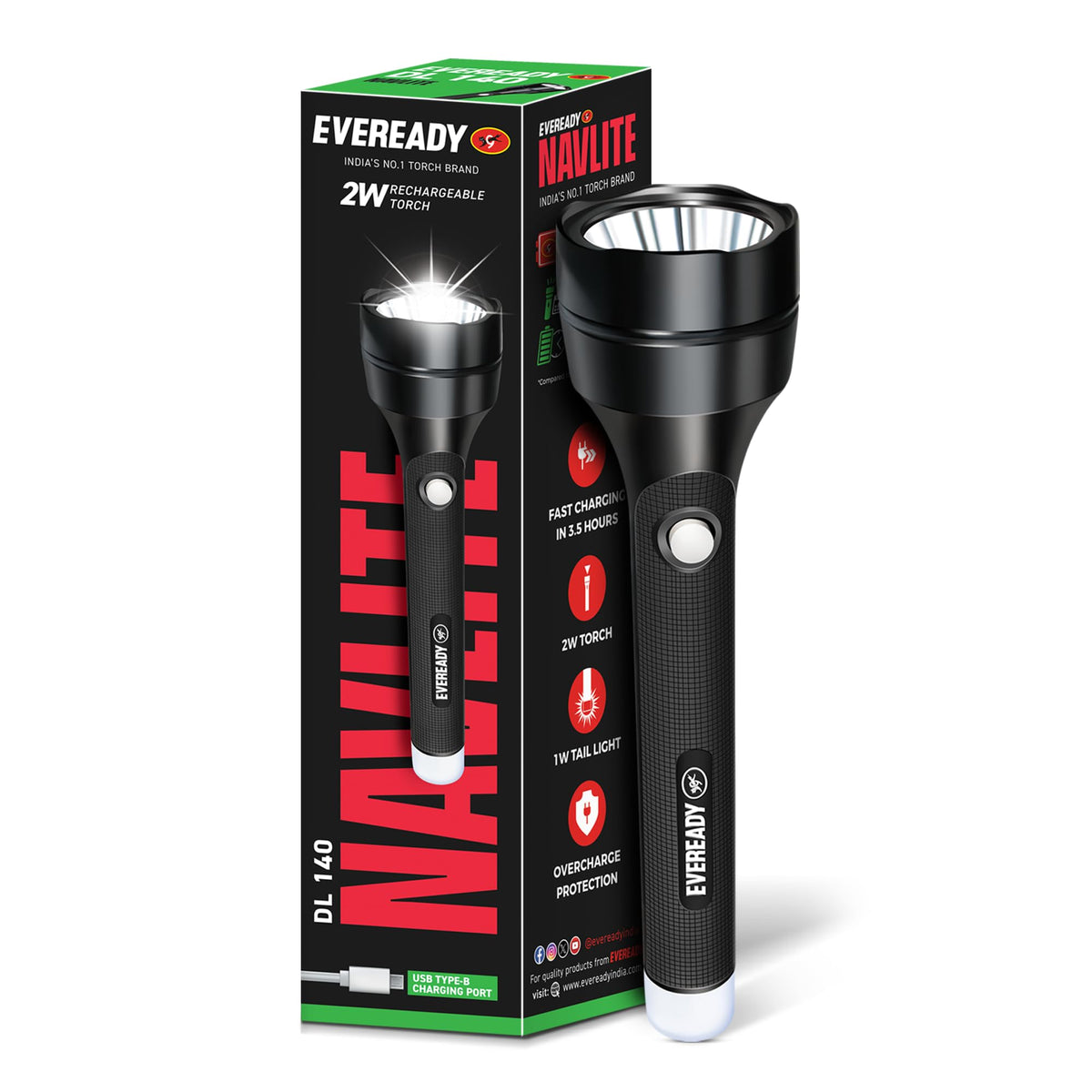 Eveready Navlite DL140, Rechargeable 2W Led Torch + 1W Emergency Tail Light, Metallic Finish, Type B/Micro USB Charging, Overcharge Protection, Powered By BIS C