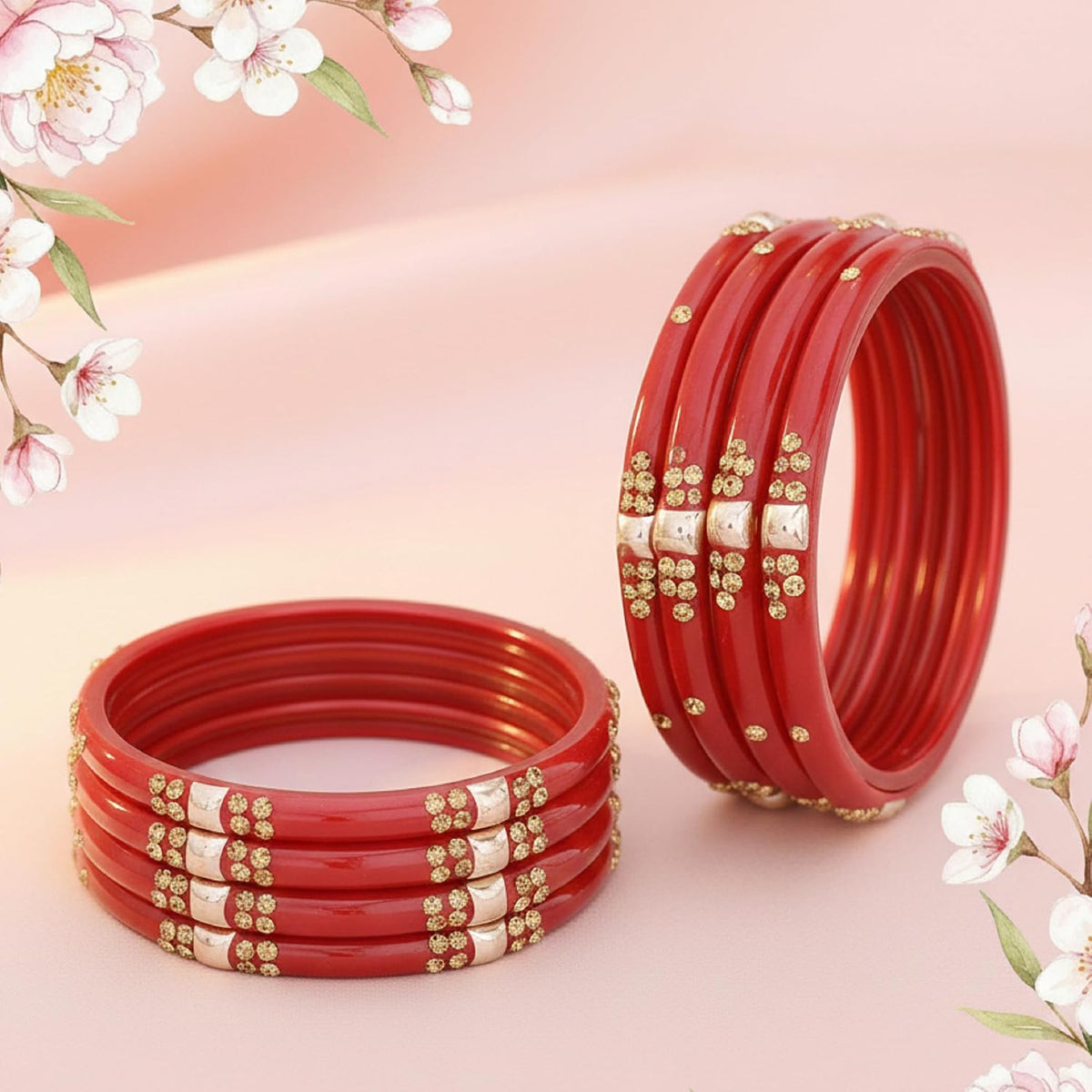 Glass with Zircon Gemstone & Beads Studded worked Glossy Finished Kada Set For Women and Girls | Set of 8 Red 2.6 Inches