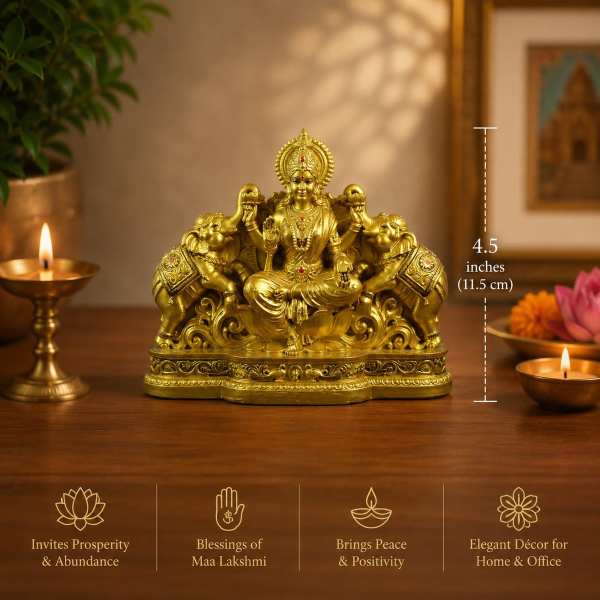 Goddess Lakshmi Laxmi Devi MATA Idol - 4.5 Inches Polystone Material Murti - Colour - Brass, Silver – Perfect Statue for Car Dashboard, Home, and Office Decor I