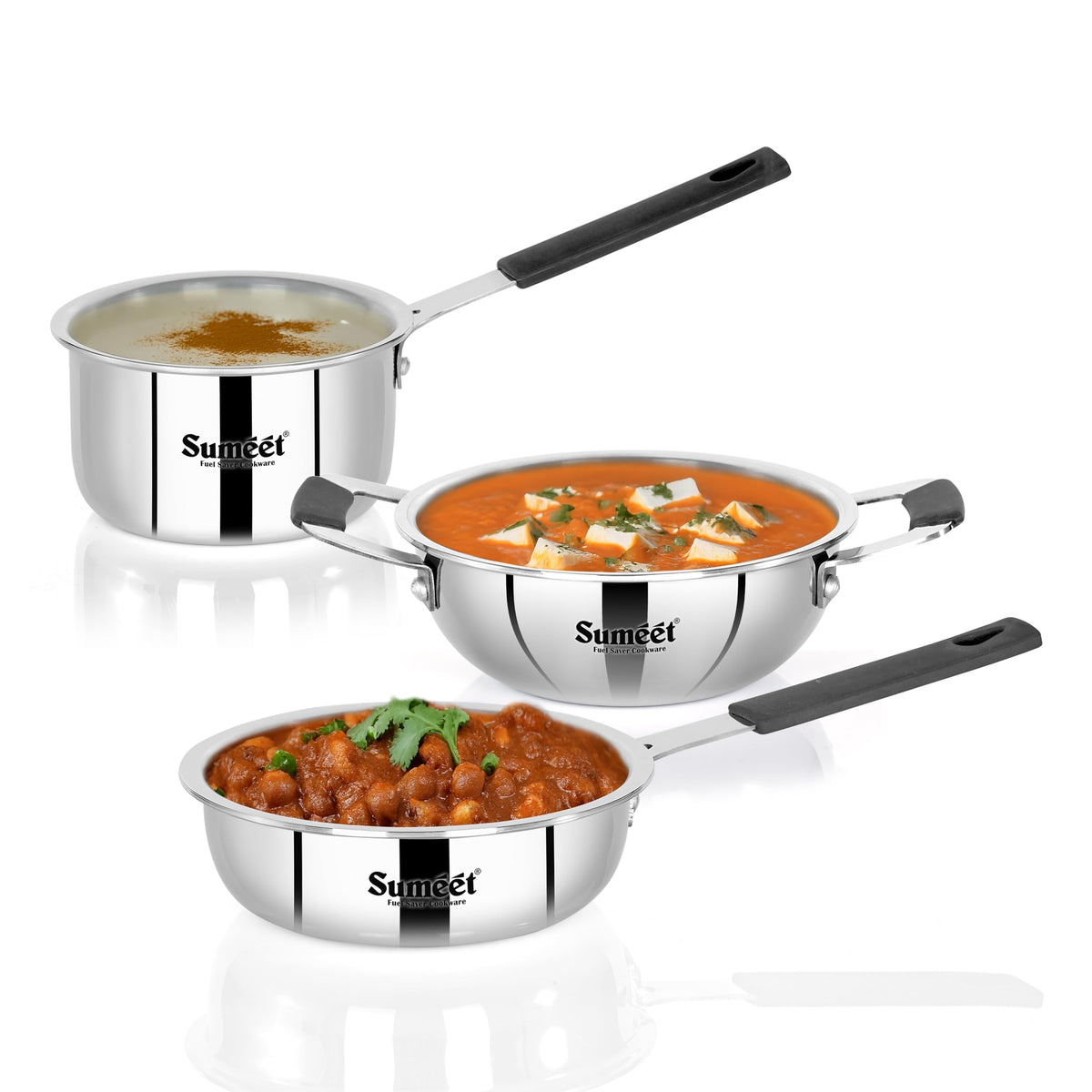 Sumeet Cook Smart ISI Certified Tri-Ply (Steel - Aluminium - Steel) Set of 3 Pcs Mini Kadhai - FryingTadka Pan- SauceTadka Pan 450ml with Silicon Grip | Inducti
