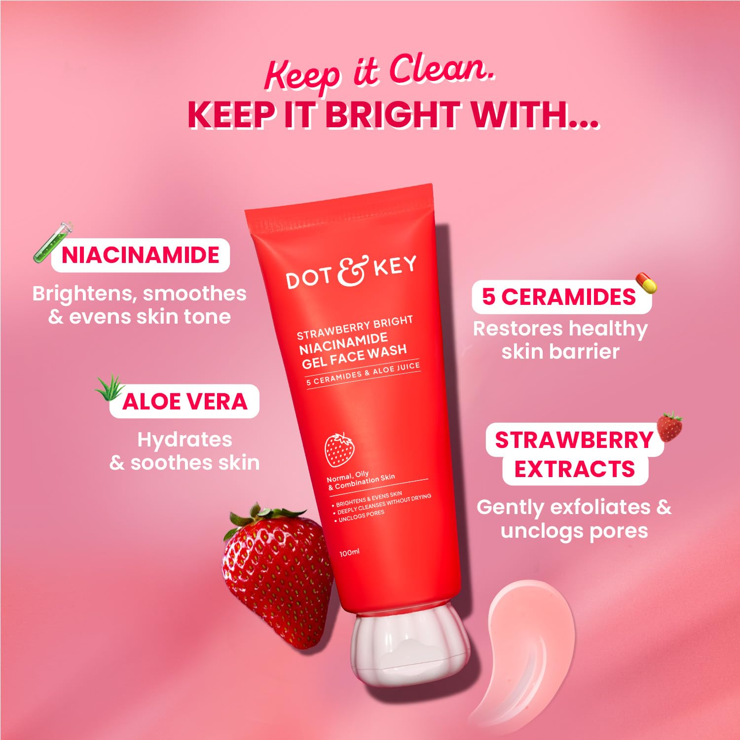 Strawberry Bright Niacinamide Gel Face Wash, Non-Drying Formula, Brightens & Smoothes, Evens Skin Tone, Reduces Excess Oil, Unclogs Pores, Deeply Cleanses, For Oily & Combination Skin