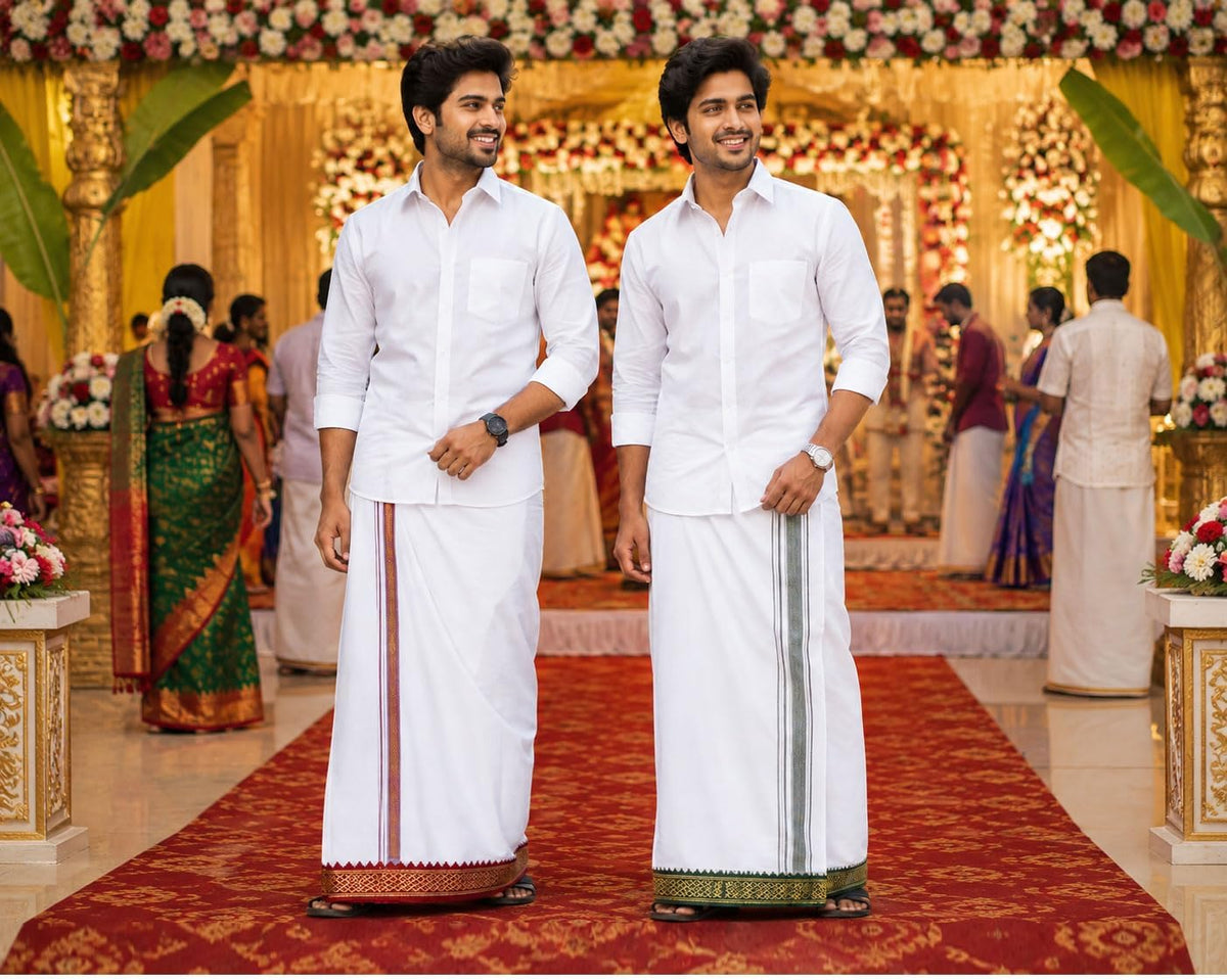Single Layer Cotton Dhoti 1.8mts Vesti Mundu Ethnic Dress Thalapathy Style Border-White (Pack of 2)