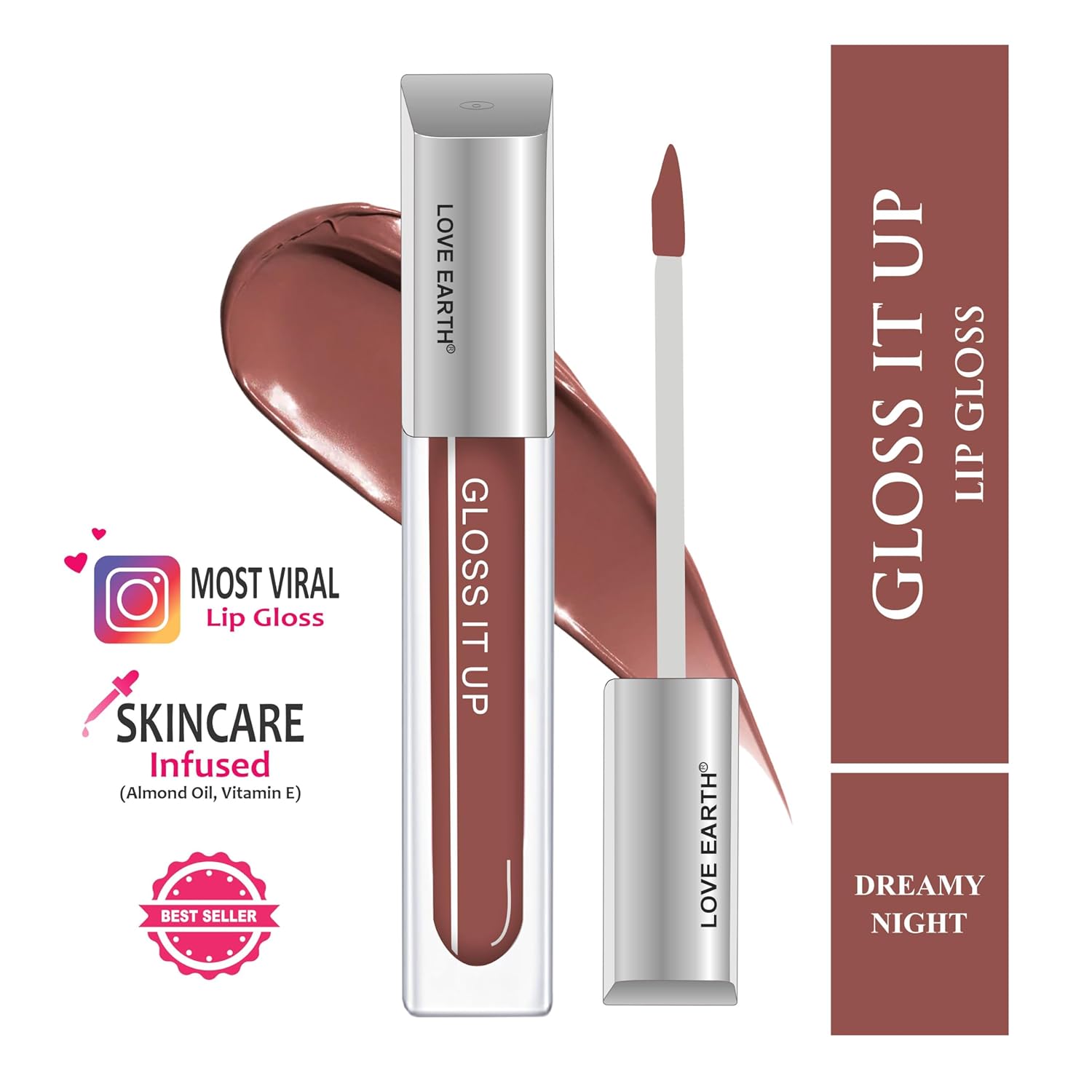 Love Earth Liquid Lip Gloss Dreamy Night For Soft & Dewy Lips Enriched With Vitamin E & Almond Oil |Lip Color For Glossy Look |Lightweight Non Sticky Lip Shiner For Moisturizing Lips(Glitter)3ml Brown