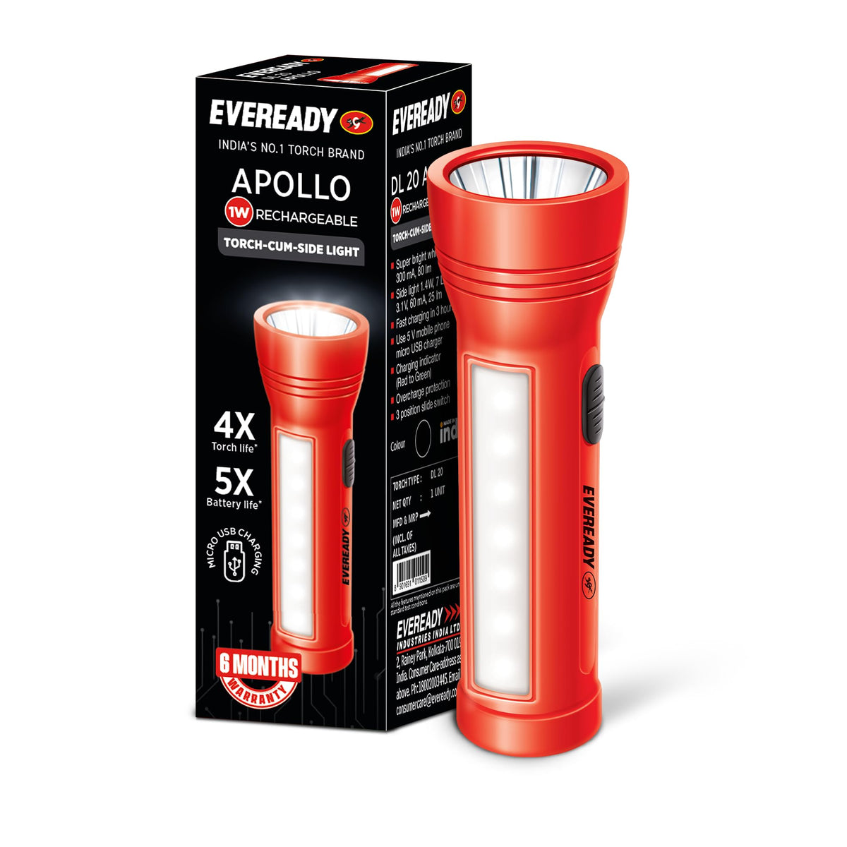 EVEREADY Apollo DL20, Rechargeable 1W Torch Cum 1.4W Emergency Sidelight DL20 1