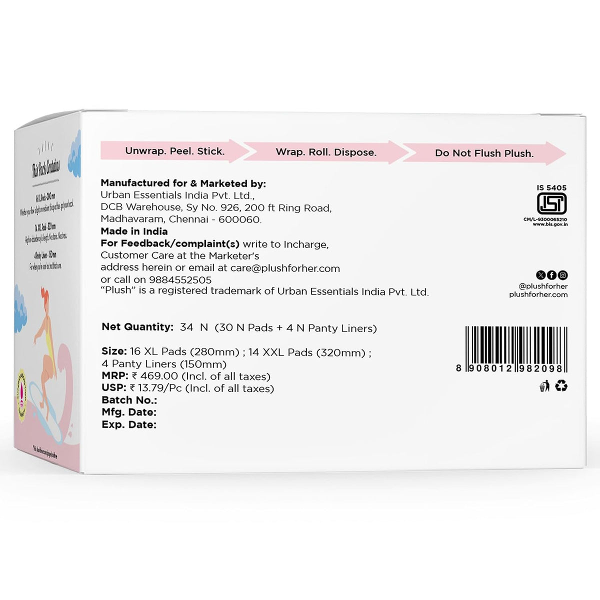 Plush Ultra-Thin Sanitary Napkins for Women, 30 Pcs | 16 XL Pads (Light-Medium Flow), 14 XXL Pads (Heavy Flow), 4Panty Liners | 100% Rash-Free | Pure U.S. Cotto