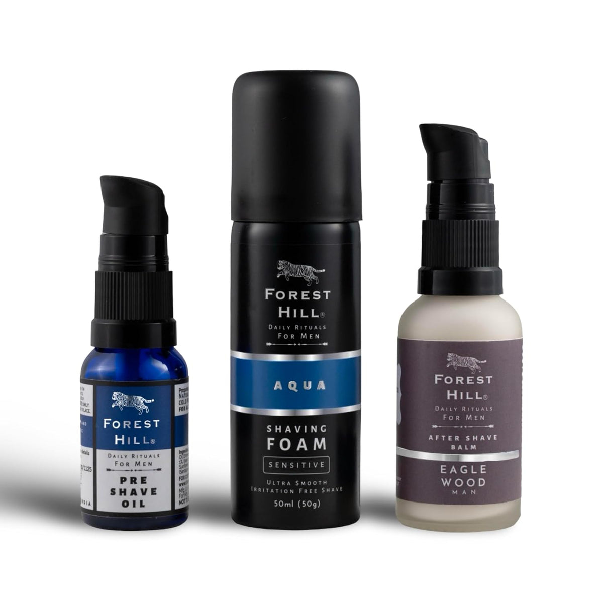 Forest Hill Set of 3 Discovery Set, Luxury Grooming Gift Set For Men, Aqua Shaving Foam 50g, Alcohol Free After Shave Balm 30ml & Pre Shave Oil 15ml, Soften Hai