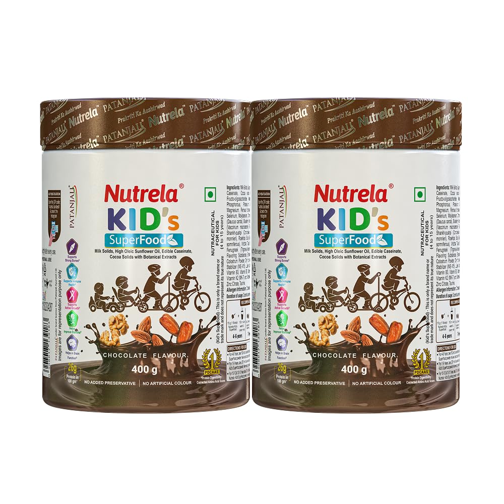 Nutrela Kids Protein Powder - 400g, Chocolate Flavour | Helps in Memory and Brain Development | Improve Muscle Mass, Bone and Teeth Strength | Ideal for 4 to 15