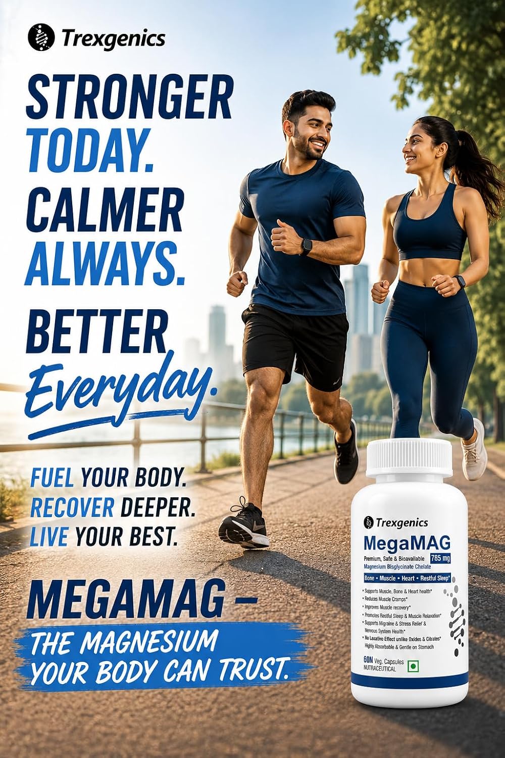 Trexgenics MegaMAG 785mg Magnesium Bisglycinate - Most Bioavailable Magnesium for Sleep, Muscle, Bone & Heart Support (60 Veg. Capsules) (Pack of 1) 60 count (P