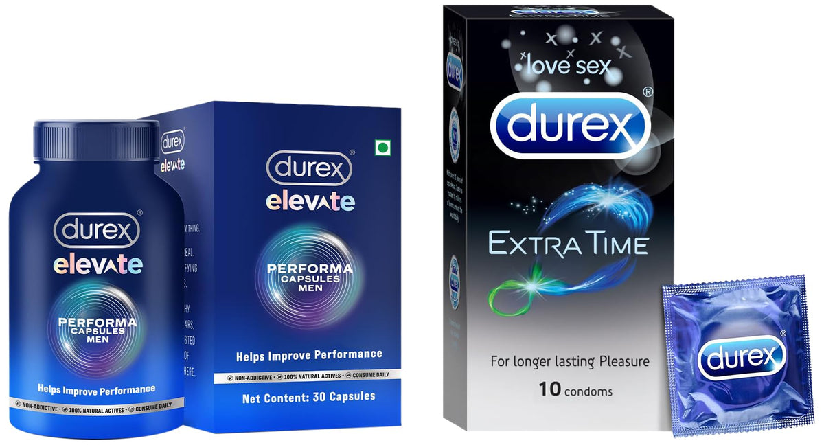 Durex Elevate Performa Shilajit Capsules For Men with Durex Condoms, Extra Time - 10 Count