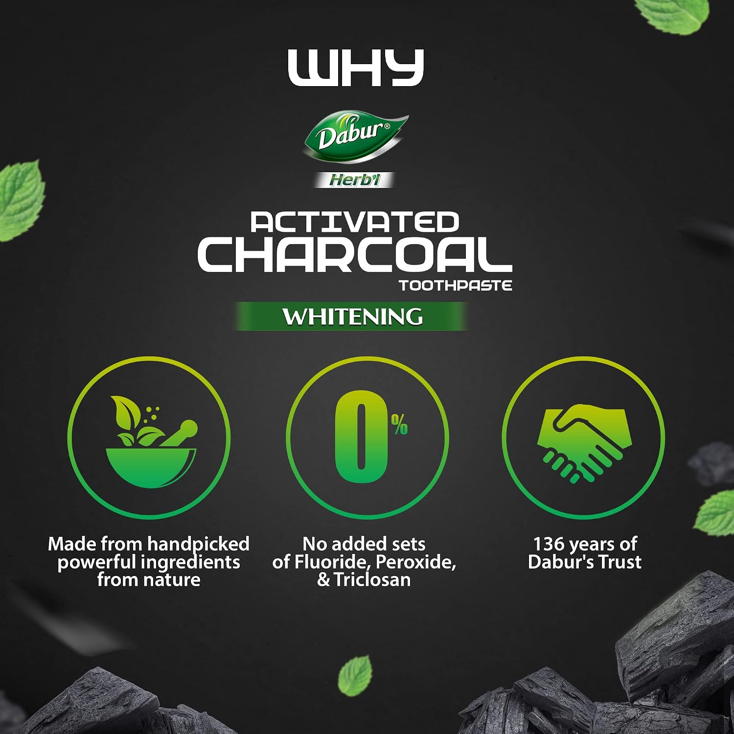 DABUR Herb'L Activated Charcoal Toothpaste 120gm (Pack of 1) | Whitening Black Gel Toothpaste | Fluoride Free | Fights Plaque & Extrinsic Stains | With Power of Mint | Cool & Refreshing Mouth Experience