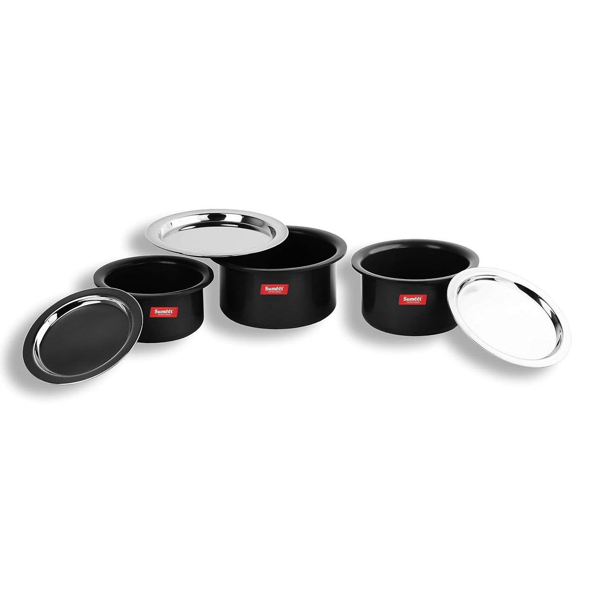 Sumeet Aluminium Non-Stick Anodized Tope Set, 700Ml, 1L, 1.4 L, 3 Piece (Black)
